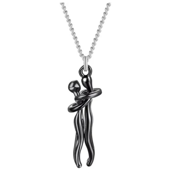 Stainless Steel Hugging Couple Pendant Necklace - Black Male & Black Female - Picture 1 of 3